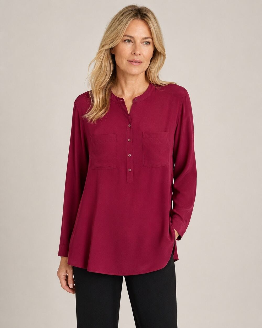 EILEEN FISHER Shirt Silk Popover Tunic Top Burgundy Red Small Sustainable Luxury